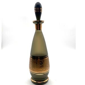 Vtg Moody Czech Bohemia Smokey Glass Decanter Gold Trim 11” carafe Green Gray